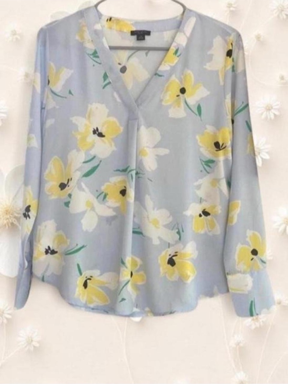 Ann Taylor Light Blue Yellow Floral V-Neck Long Sleeve Blouse Size Petite XS